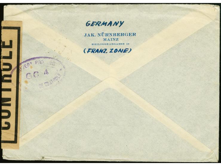 1947, Zensur-Oval "G.C.4" in violett und Verschlußzettel "CONTROLÉ" rechts, klar auf Brief von "MAINZ 21.1.47" mit Barfreimac