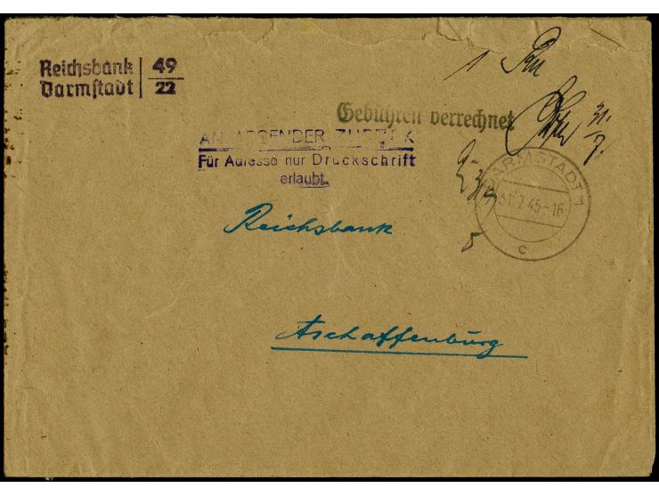 KURIERPOST: 31.7., Darmstadt - Aschafffenburg, Bankenbrief mit hds. Vermerk "1 RM Geb...." und rotem L3 "AN ABSENDER ZURÜCK/f