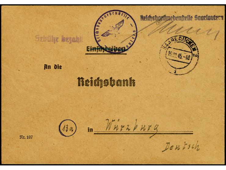 19.10., Saarlautern - Würzburg, Bankenbrief der Reichsbanknebenstelle Saarlautern mit Briefstempel und Poststempel "SAARBRÜCK
