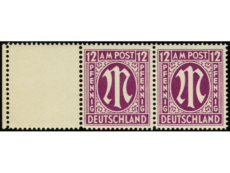 1945, 12 Pfg. dunkelrotviolett mit Zähnung L 14 3/4: 14 1/2, waagerechtes Randpaar mit kpl. gezähntem Leerfeld links, postfri