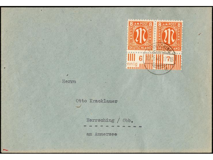 1945, AM POST deutscher Druck: 8 Pfg. im waagerechten Paar mit Unterrand als portogerechte Mehrfachfrankatur auf Ortsbrief au