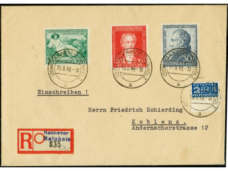 Goethe 10-30 Pfg. mit Ersttagsstempel "HANNOVER-HAINHOLZ 15.8.49" auf portogerechtem R-Brief nach Koblenz mit Ankunftsstempel