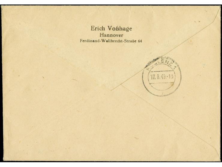 Goethe 10-30 Pfg. mit Ersttagsstempel "HANNOVER-HAINHOLZ 15.8.49" auf portogerechtem R-Brief nach Koblenz mit Ankunftsstempel