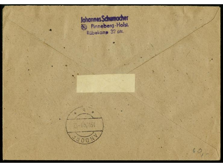 1949, 200. Geburtstag Goethe 10-30 Pfg. mit Zufrankatur mit Stempel "PINNEBERG 15.8.49" auf portogerechtem Ersttags-Einschrei