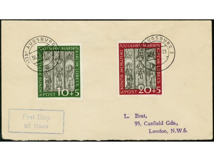 Marienkirche 10 und 20 Pfg. mit Ersttagsstempeln "AUGSBURG 30.8.51" auf portogerechtem Brief nach London, sign. Schlegel BPP 