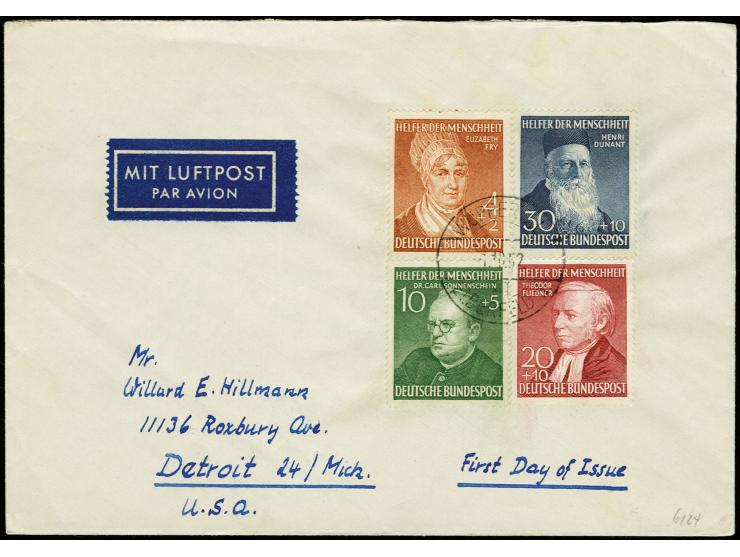 1952, Wohlfahrt 4-30 Pfg. mit Ersttagsstempel "WUPPERTAL ELBERFELD 1.10.52" auf adressiertem Umschlag mit rückseitiger Zufran