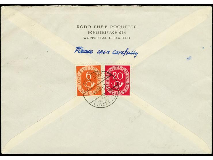 1952, Wohlfahrt 4-30 Pfg. mit Ersttagsstempel "WUPPERTAL ELBERFELD 1.10.52" auf adressiertem Umschlag mit rückseitiger Zufran