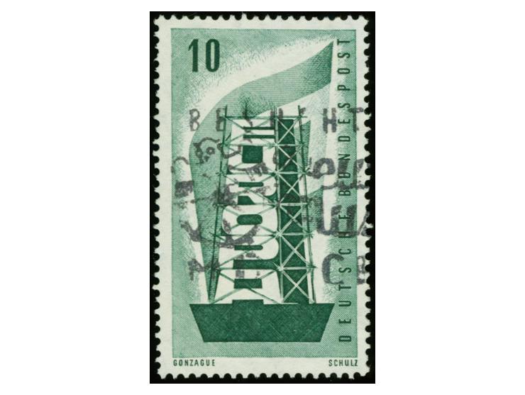 1956,  Europa 10 Pfg. mit seitenverkehrtem Wasserzeichen, sauber mit Maschinenstempel entwertet, kleine Zahnverkürzungen, son