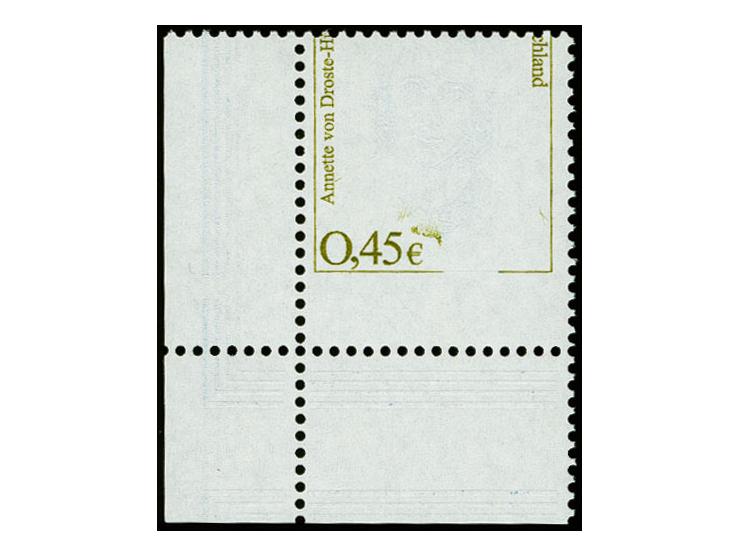 2002, Berühmte Frauen 45 C. aus der linken unteren Bogenecke mit fehlender Farbe dunkelgrünlichblau sowie um ca. 5,5mm nach o