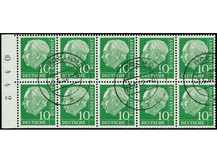 Heftchenblatt 10 Pfg. mit schwarzer Bogenlaufnummer "0442" auf dem Heftchenrand, sauber gestempelt "BOCHOLT 7.6.62", einwandf