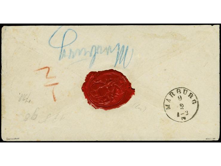 2 Kr. rötlichorange im waagerechten Paar und 7 Kr. grauultramarin mit T&T-Stempel "BUEDINGEN 8 2" auf Paketbegleitbrief nach 