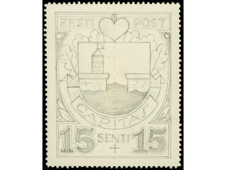 Caritas issue of 1936, 15s., pencil drawing by Axel Roosman, 41x51,5mm, on perforated cardboard. Arms of Paldiski. Caritas he