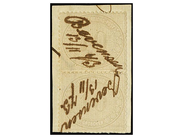 10 Gr. gelblichgrau, senkrechtes Paar mit vorschriftsgemäßer handschriftlicher Entwertung "Beversen 13/11 73" auf Briefstück,