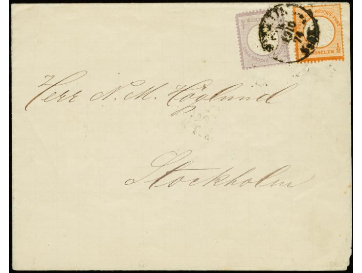 Großer Schild ¼ Gr. grauviolett und ½ Gr. orange, beide farbfrisch, gut gezähnt und geprägt, mit aptiertem Bahnpost-EKr. "STE