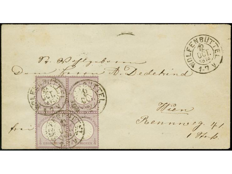 ¼ Gr. grauviolett im 4er-Block mit Braunschweig-DKr. "WOLFENBÜTTEL 12 OCT. 1874" auf Brief nach Wien, Pracht, Fotoattest Henn