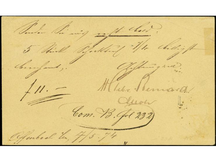 2 Kr. orange mit EKr. "OFFENBACH A/M. 7 5 74" auf amtlichem Postkartenformular nach Lauterbach, die Marke war gelöst und ist 