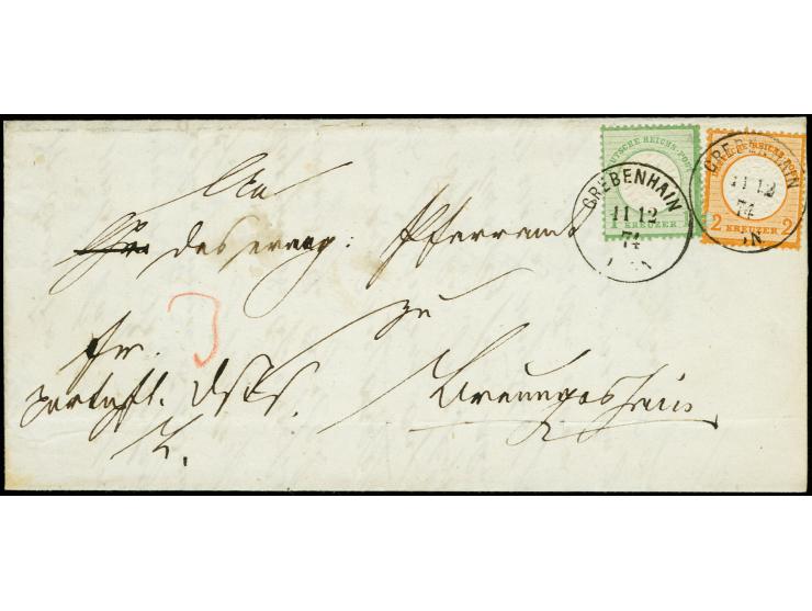 2 Kr. orange und 1 Kr. gelblichgrün mit EKr. "GREBENHAIN 11 12 74" auf kpl. Faltbrief nach Breungeshain, sehr schöne Farbfran