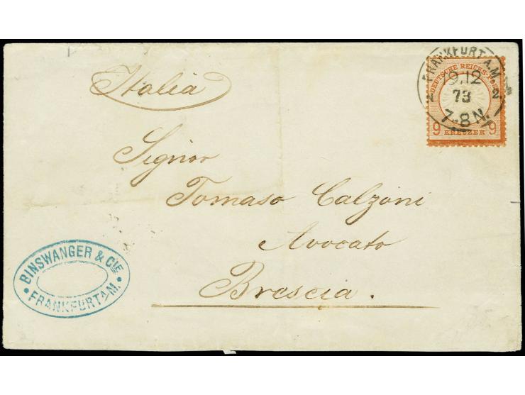 9 Kr. rötlichbraun mit EKr. "FRANKFURT A.M. 19/12 73" auf Faltbrief nach Italien, Pracht