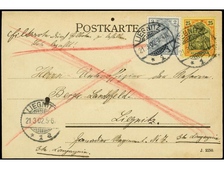 2 Pfg. und 25 Pfg. je mit Stempel "LIEGNITZ 21.3.02" als portogerechte Frankatur auf Eilboten-Ortspostkarte mit Ankunftsstemp