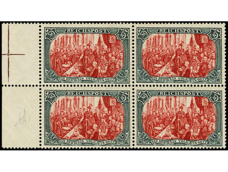 5 M. in Type II, 4er-Block vom linken Bogenrand, ungebraucht, private Signatur im Rand