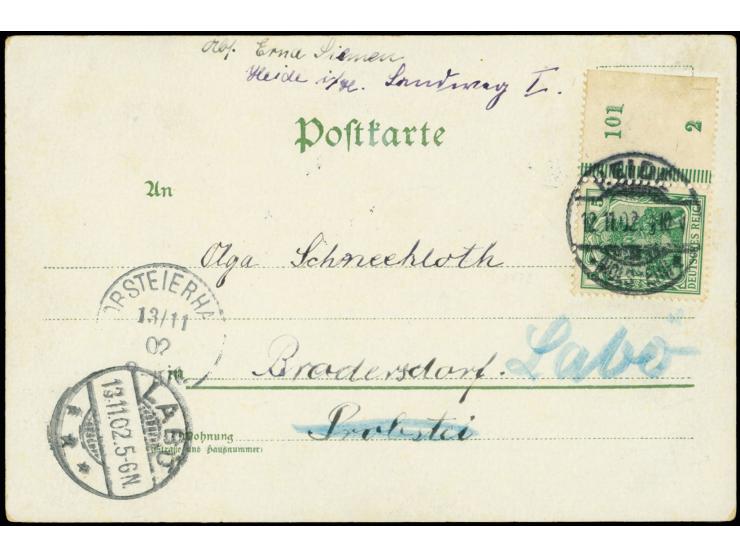 5 Pfg. grün, rechtes Randstück mit HAN "101" und Formnummer "2" auf Ansichtskarte von "HEIDE 12.11.02" nach Bradersdorf und N