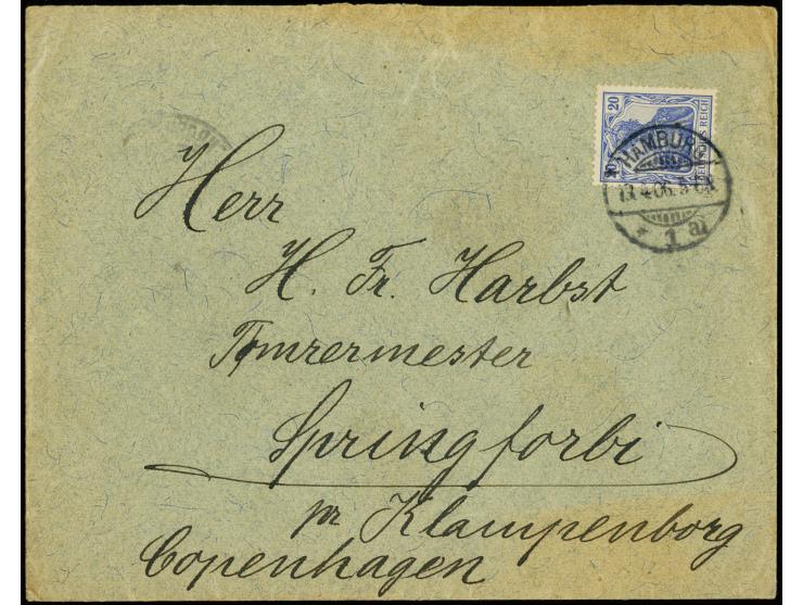 20 Pfg. lilaultramarin mit Stempel "HAMBURG 13.4.06" als portogerechte Einzelfrankaur auf Brief nach Springforbi, Dänemark mi
