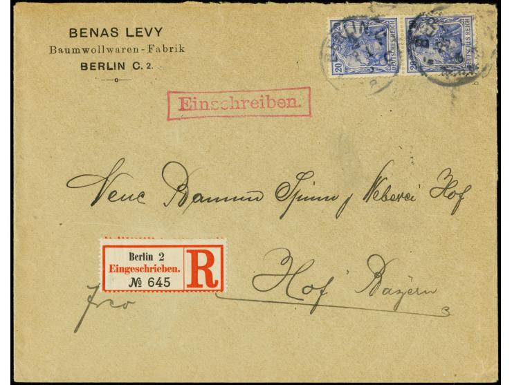 20 Pfg. lilaultrmarin im senkrechten Paar mit Stempel "BERLIN 2 22.1.06" als portogerechte Mehrfachfrankatur auf R-Brief nach