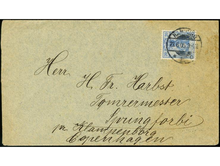 20 Pfg. grauultramarin mit Stempel "HAMBURG 23.6.05" als portogerechte Einzelfrankatur auf Brief nach Sprinforbi, Dänemark mi