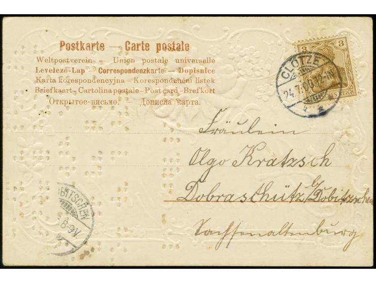 3 Pfg. mit Stempel "CLÖTZE 24.7.06" auf dekorativer Freundschaft-Karte mit eingestanzter Blindenschrift (Brailleschrift) im S