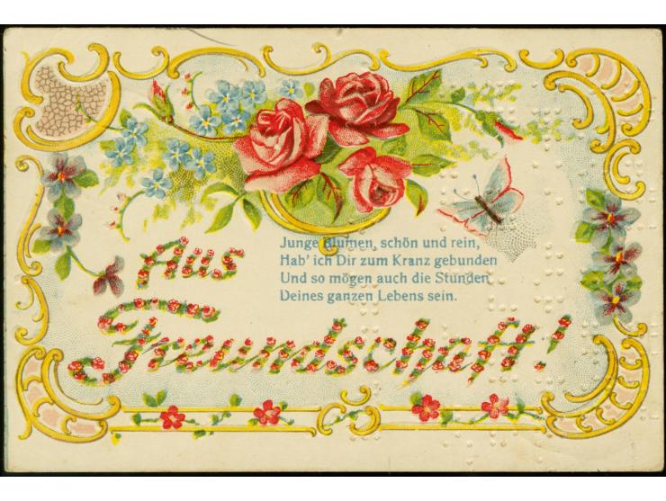 3 Pfg. mit Stempel "CLÖTZE 24.7.06" auf dekorativer Freundschaft-Karte mit eingestanzter Blindenschrift (Brailleschrift) im S
