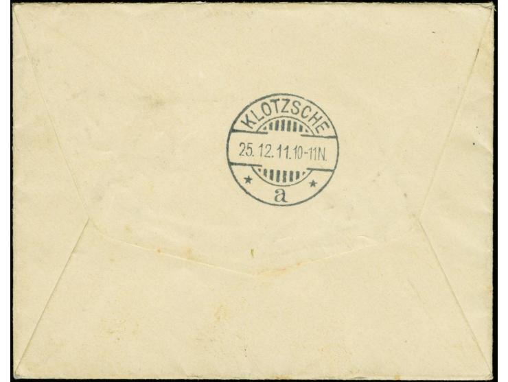 10 Pfg. dunkelkarminrot, 6 Einzelwerte je mit Stempel "DRESDEN 15.12.11" als portogerechte Frankatur auf Eilboten-Ortsbrief m