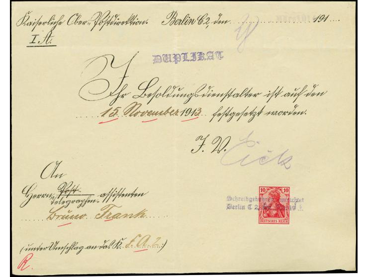 10 Pfg. dunkelkarminrot, zwei Einzelwerte und einmal 2 Pfg, 3 Pfg. und 5 Pfg. je mit L2 "Schreibgebühren entrichtet Berlin C2