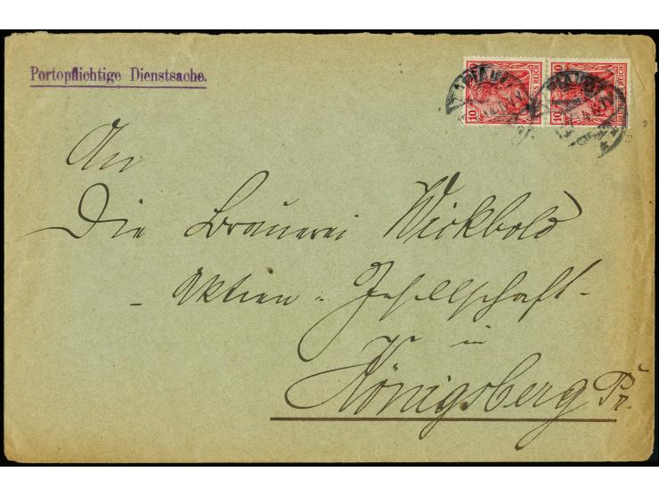 10 Pfg. dunkelrosarot im senkrechten Paar mit Stempel "TAPIAU 15.7.14" als portogerechte Mehrfachfrankatur auf Brief  der 2. 
