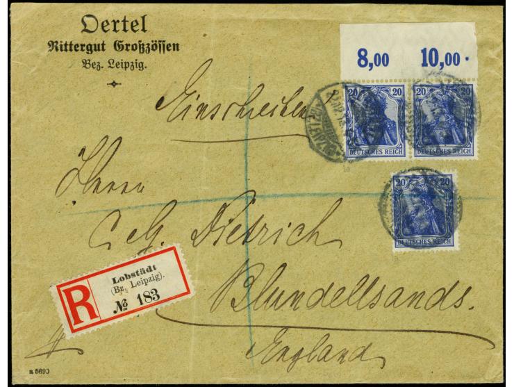 20 Pfg. lilaultramarin im waagerechten Paar mit Plattendruck-Oberrand und Einzelwert je mit Stempel "LOBSTÄDT 22.12.13" als p
