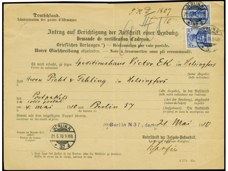 20 Pfg. lilaultramarin im waagerechten Paar mit Stempel "BERLIN N37 21.5.10" auf "Antrag auf Berichtigung der Aufschrift eine