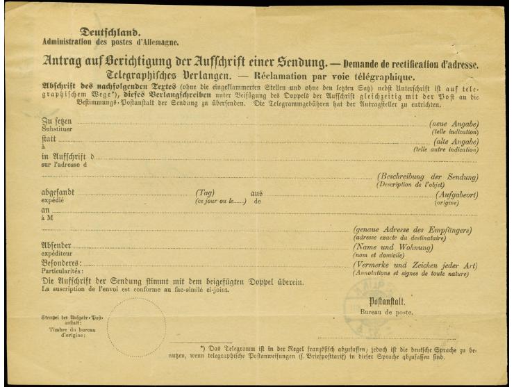 20 Pfg. lilaultramarin im waagerechten Paar mit Stempel "BERLIN N37 21.5.10" auf "Antrag auf Berichtigung der Aufschrift eine