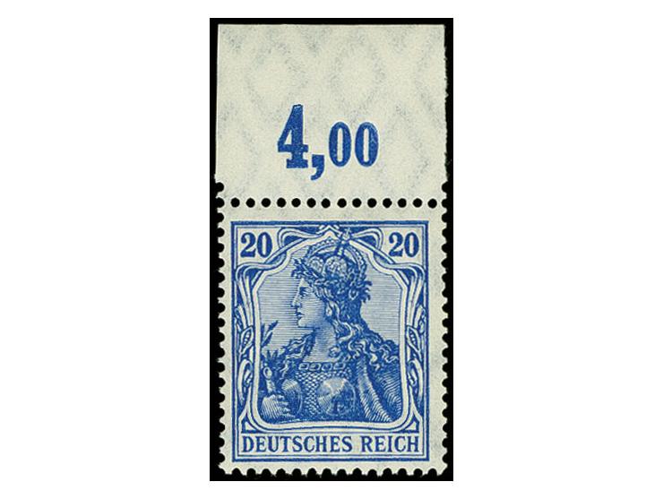 20 Pfg. mittelviolettultrmarin, Plattendruck-Oberrandstück, postfrisch, tadellos, sign. Zenker und Fotoattest Jäschke-L. BPP