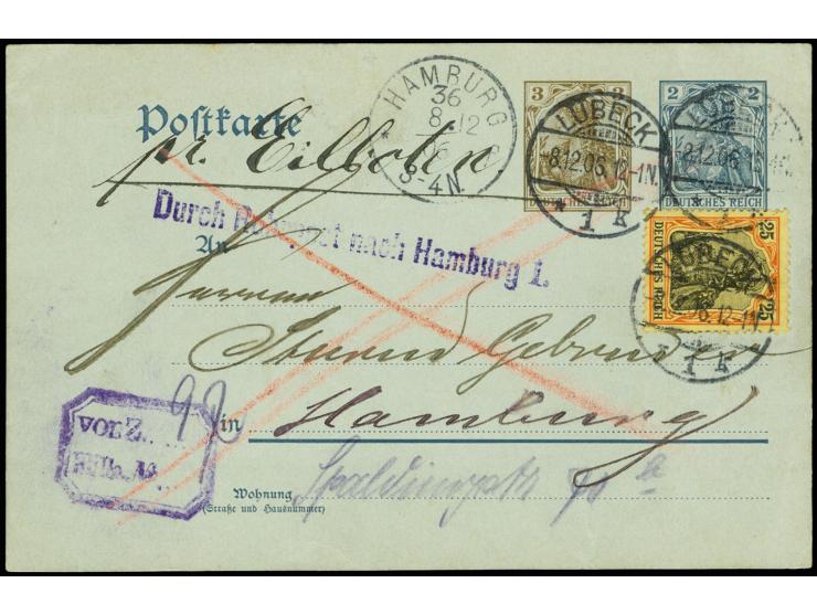 25 Pfg. dunkelrorange/schwarz als portogerechte Zufrankatur auf Ganzsachenkarte 3+2 Pfg. als Eilboten-Karte von "LÜBECK 8.12.