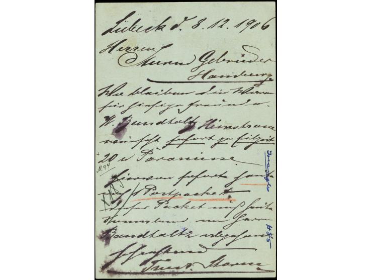 25 Pfg. dunkelrorange/schwarz als portogerechte Zufrankatur auf Ganzsachenkarte 3+2 Pfg. als Eilboten-Karte von "LÜBECK 8.12.