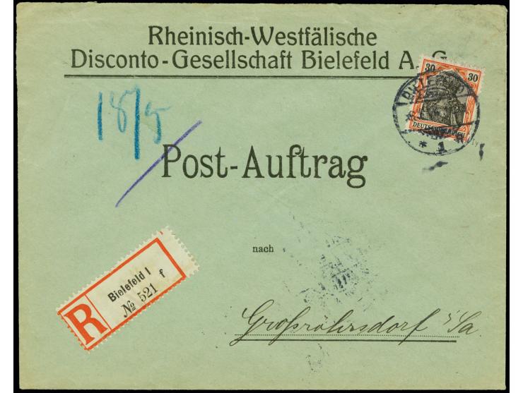 30 Pfg. rötlichorange/schwarz auf orangeweiß mit Stempel "BIELEFELD 16.5.14" als portogerechte Einzelfrankatur auf R-Postauft