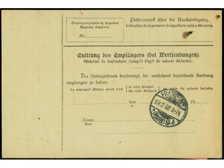 80 Pfg. dunkelrötlichkarmin, Oberrandstück mit Strichelleisten mit klarem Stempel "FRANFKURT 18.2.08" als portogerechte Frank