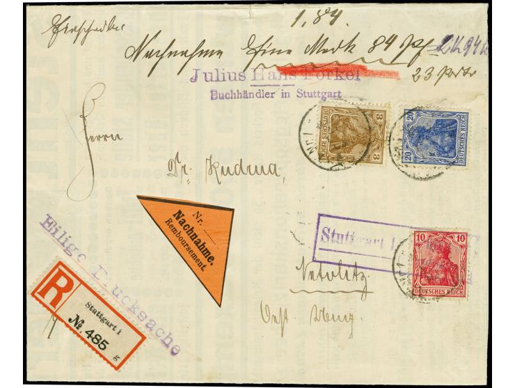 3 Pfg., 10 Pfg. und 20 Pfg. mit Stempel "STUTTGART 22.FEB.17" als portogerechte Frankatur auf R-Nachnahme-Drucksachenfaltbrie