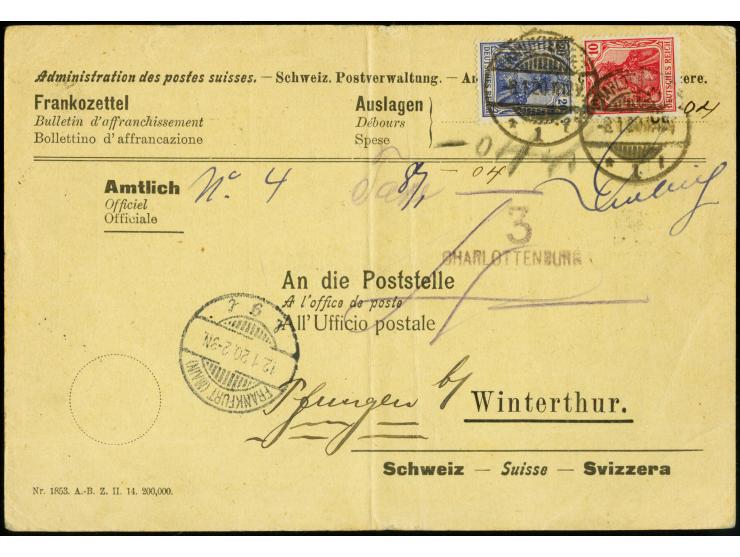 10 Pfg. und 20 Pfg. je mit Stempel "CHARLOTTENBURG 8.1.20" für die Zollgebühren, rückseitig verklebt auf einem schweizer "Fra