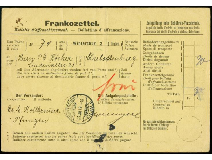 10 Pfg. und 20 Pfg. je mit Stempel "CHARLOTTENBURG 8.1.20" für die Zollgebühren, rückseitig verklebt auf einem schweizer "Fra