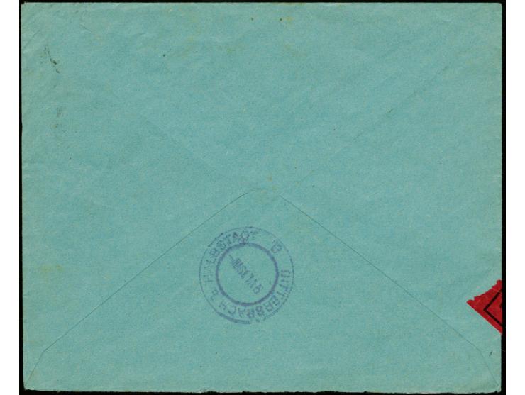 10 Pfg., 25 Pfg. und 30 Pfg. je mit Stempel "FRANKURT 4.6.19" als portogerechte Frankatur auf Eilboten-Brief mit violettem L1