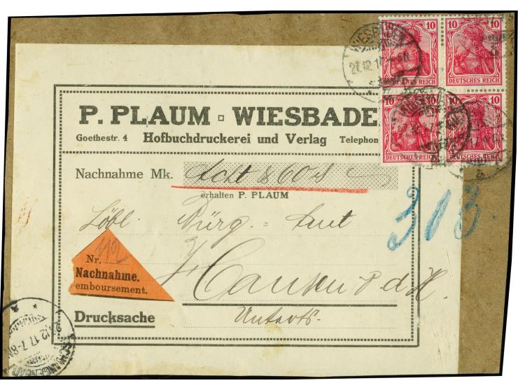 10 Pfg. lilarot im Viererblock als portogerechte Mehrfachfrankatur auf kpl. Adressträgerteil für eine Nachnahme-Drucksachense
