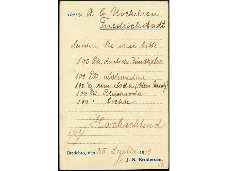 10 Pfg. schwärzlichrosarot mit Stempel "BREDEBRO 25.9.19" als portogerechte Einzelfrankatur auf Postkarte nach Friedrichsstad