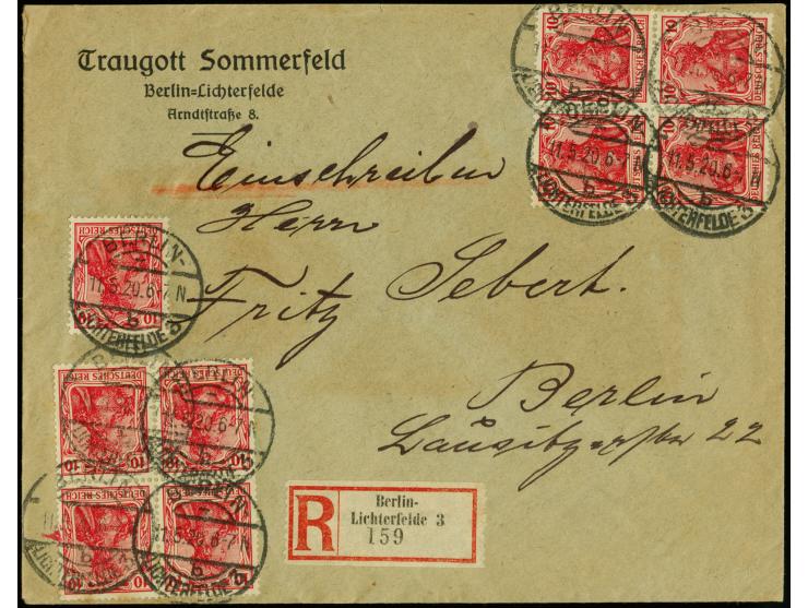 10 Pfg. orangerot, Einzelwert und zwei Viererblöcke je mit klarem Stempel "BERLIN-LICHTERFELDE 3 11.5.20" als portogerechte M