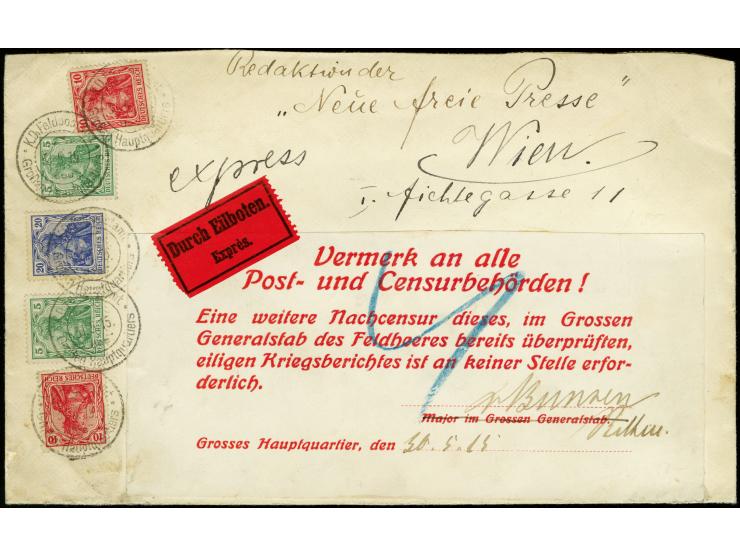 20 Pfg. und jeweils zwei Einzelwerte 10 Pfg. und 5 Pfg. je mit Stempel "K.D.Feldpostamt des Großes Hauptquartier 31.5.15" als
