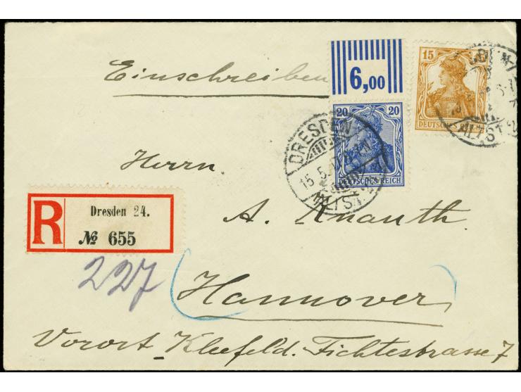 20 Pfg. lilaultramarin, Oberrandstück im Walzendruck mit der Konfiguration "3'7'3" und 15 Pfg. ocker je mit Stempel "DRESDEN-